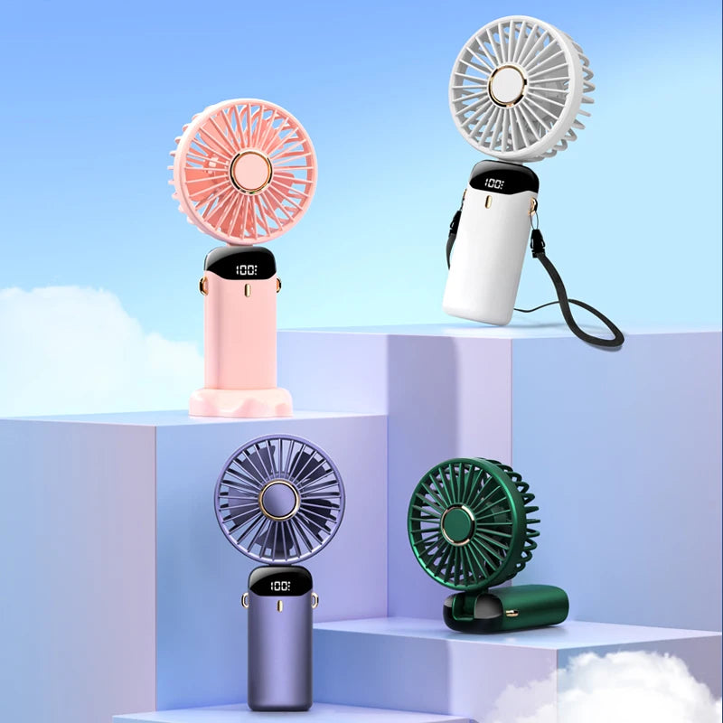 USB Rechargeable Foldable Mini Fan with LED Display and Phone Stand