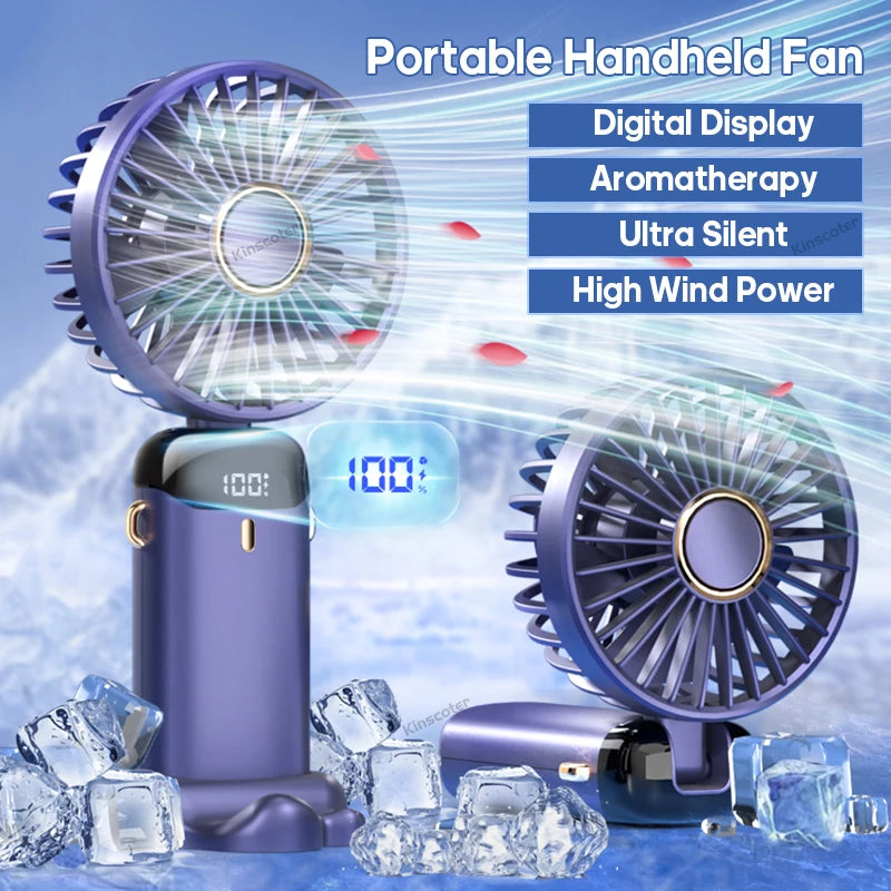 USB Rechargeable Foldable Mini Fan with LED Display and Phone Stand